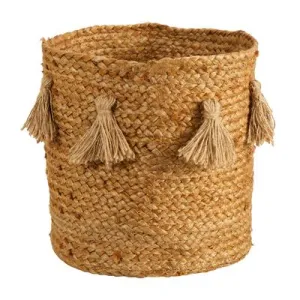 12.5" Boho Chic Natural Hand-Woven Jute Basket with Tassels