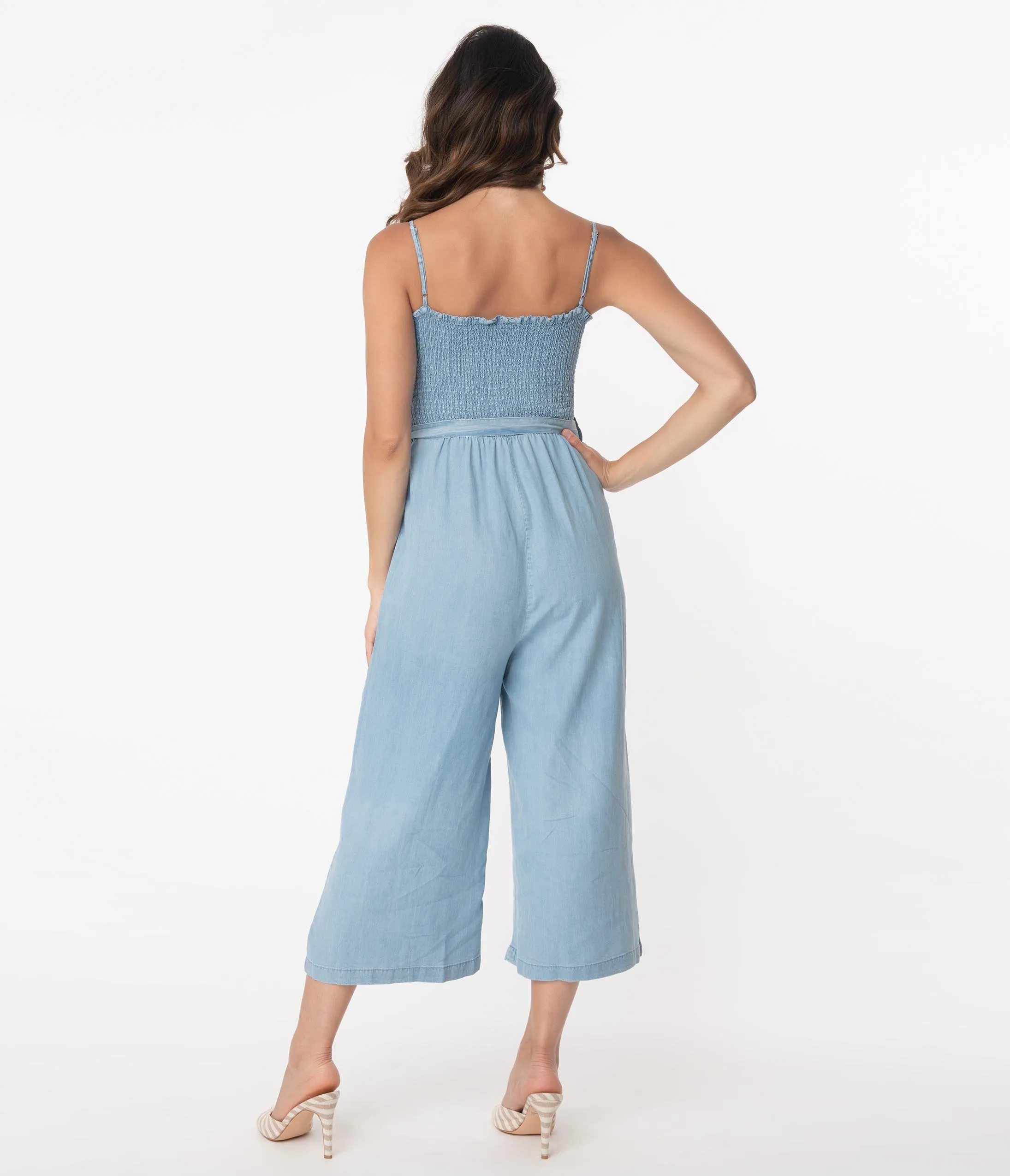 1970s Chambray Blue Cropped Jumpsuit