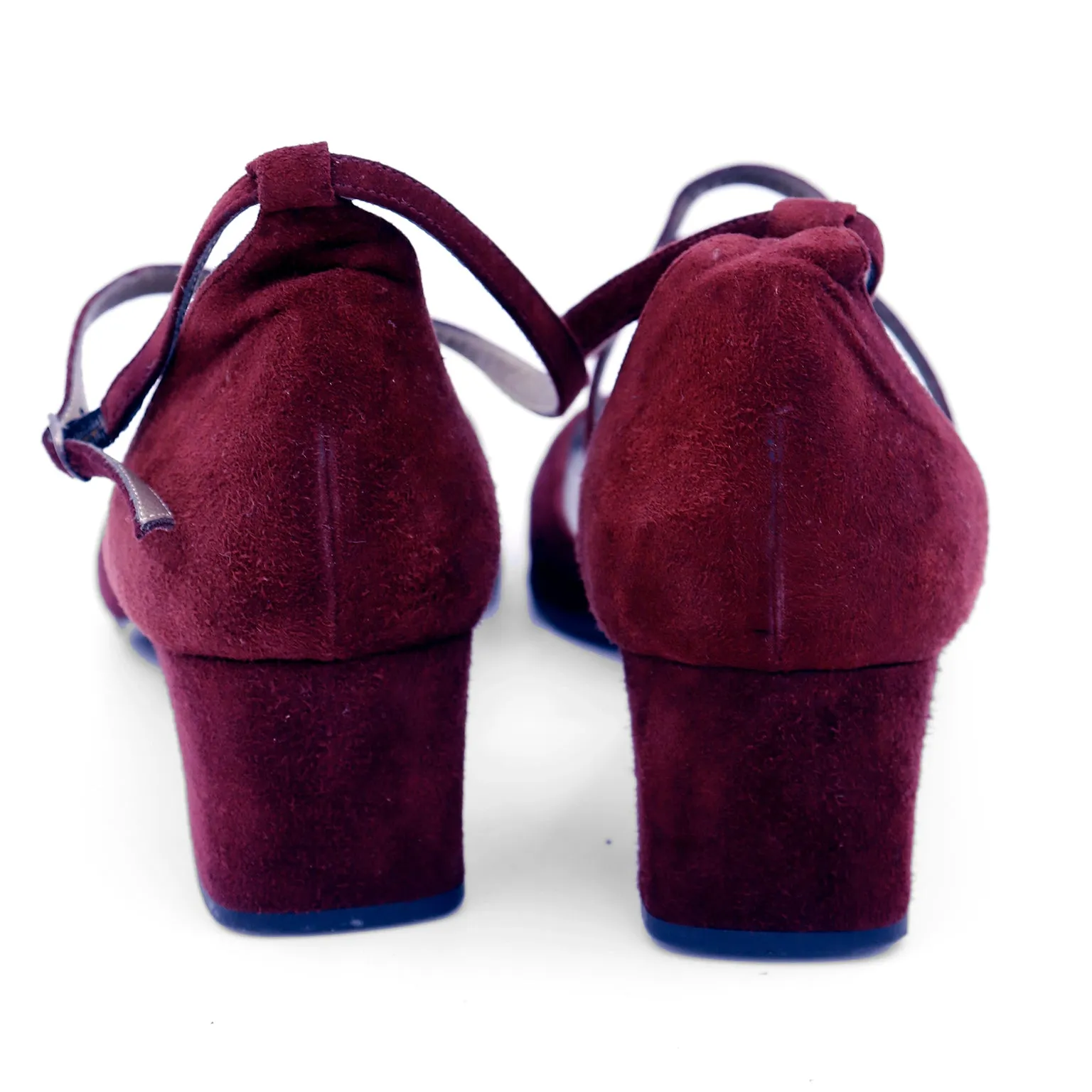 1990s Yves Saint Laurent Vintage Burgundy Suede Cross Strap Block Heel Shoes