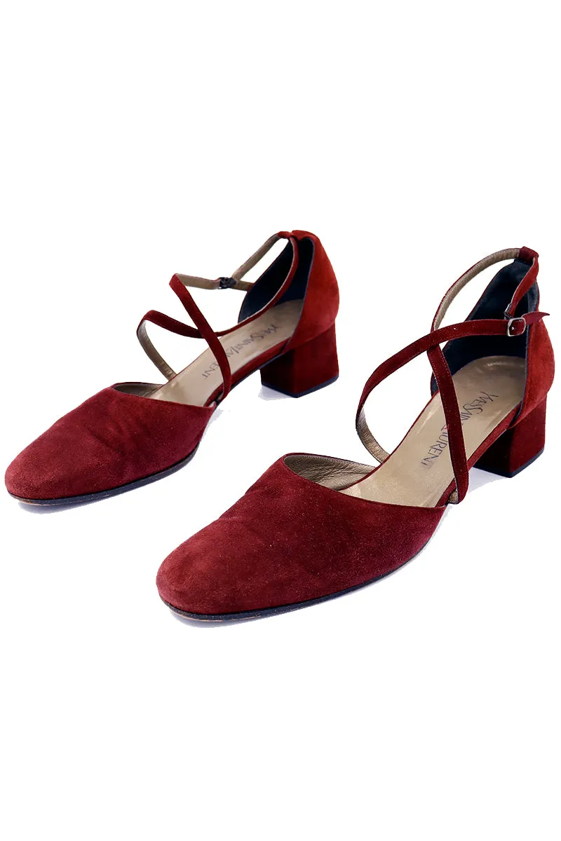 1990s Yves Saint Laurent Vintage Burgundy Suede Cross Strap Block Heel Shoes