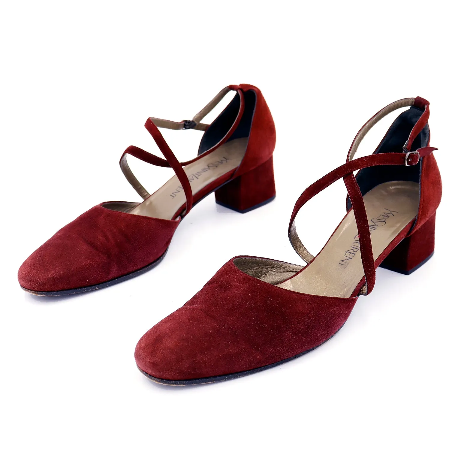 1990s Yves Saint Laurent Vintage Burgundy Suede Cross Strap Block Heel Shoes