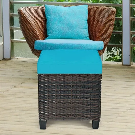 2PCS Patio Rattan Ottoman Cushioned Seat-Blue