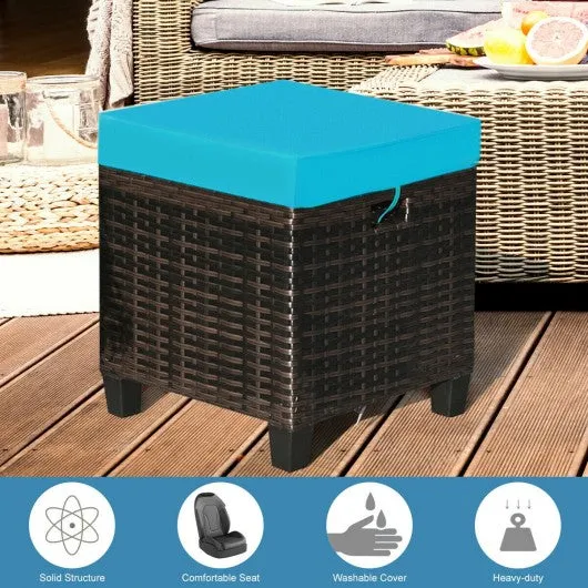 2PCS Patio Rattan Ottoman Cushioned Seat-Blue