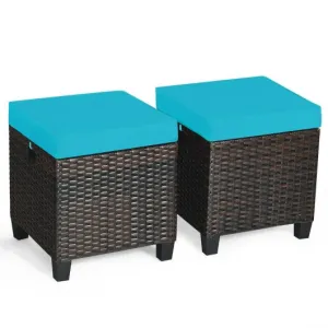 2PCS Patio Rattan Ottoman Cushioned Seat-Blue