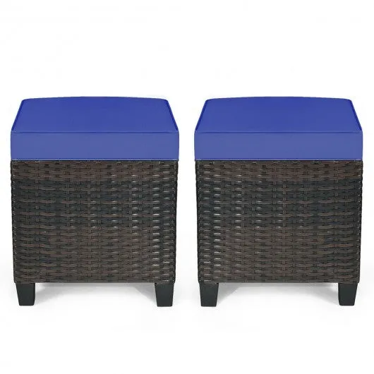 2PCS Patio Rattan Ottoman Cushioned Seat-Navy