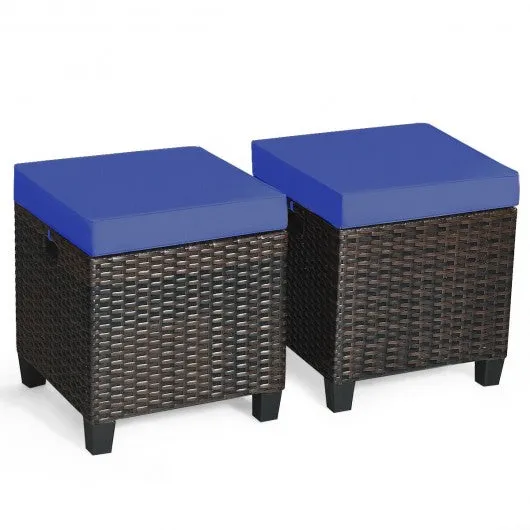 2PCS Patio Rattan Ottoman Cushioned Seat-Navy