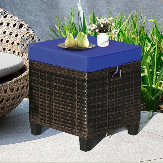 2PCS Patio Rattan Ottoman Cushioned Seat-Navy