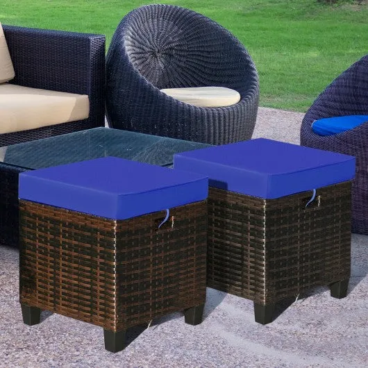 2PCS Patio Rattan Ottoman Cushioned Seat-Navy