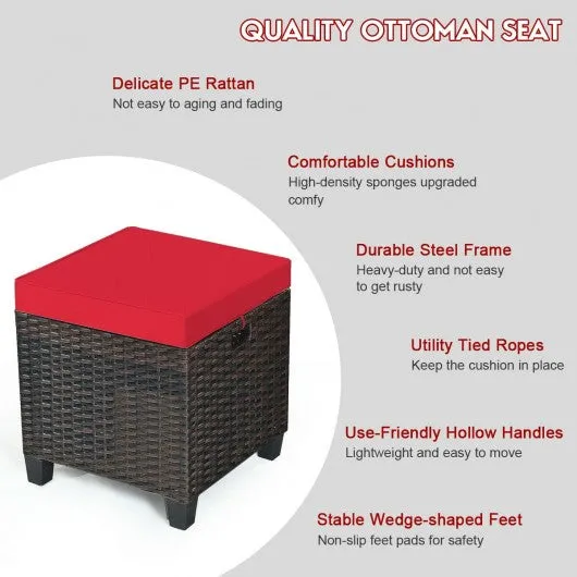 2Pcs Patio Rattan Ottoman Cushioned Seat-Red