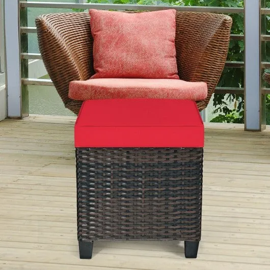 2Pcs Patio Rattan Ottoman Cushioned Seat-Red