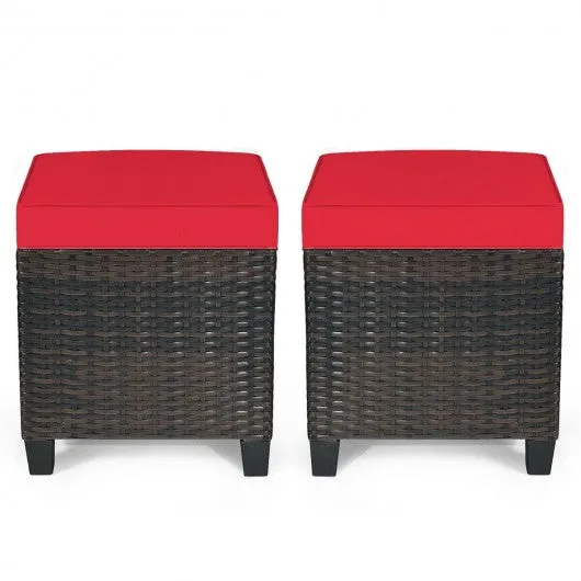 2Pcs Patio Rattan Ottoman Cushioned Seat-Red