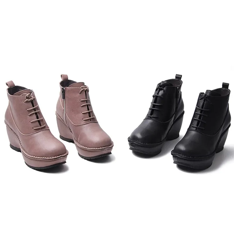 70mm Wedge Ankle Boots For Women Handmade Lace-Up Ankle Booties in Black/Nude