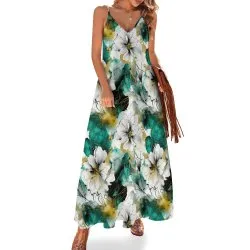 Alcohol Ink Floral Green Spaghetti Strap Ankle-Length Dress Long dress