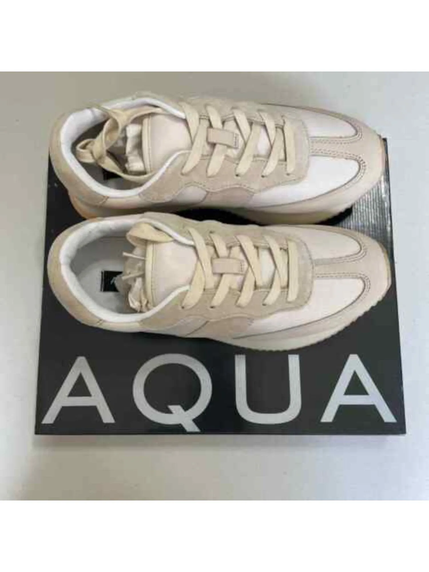 AQUA Womens Beige 1" Platform Cushioned Train Round Toe Wedge Lace-Up Athletic Training Shoes M