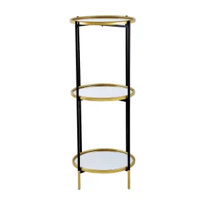 Ara 39 Inch Round 3 Tier Shelf, Metal, Mirrored Glass Shelves, Black, Gold By Casagear Home