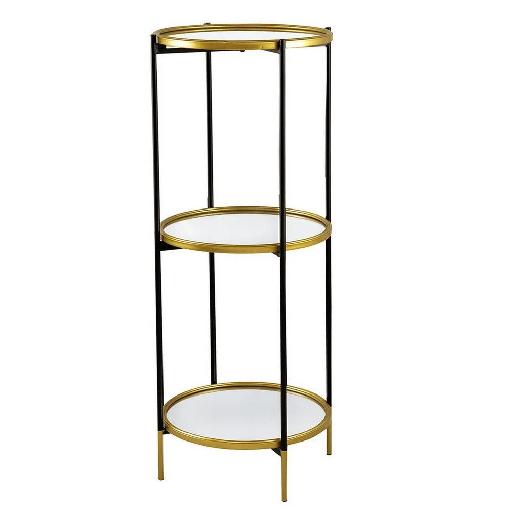 Ara 39 Inch Round 3 Tier Shelf, Metal, Mirrored Glass Shelves, Black, Gold By Casagear Home