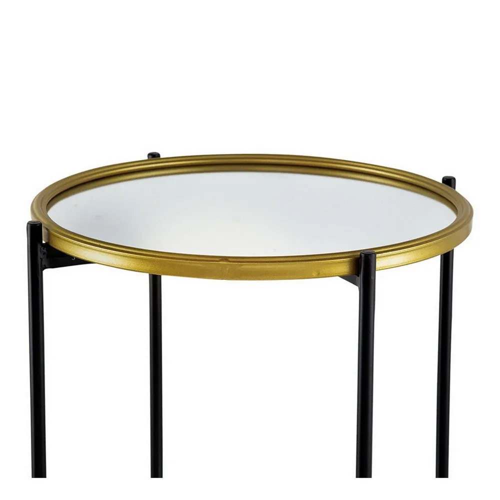 Ara 39 Inch Round 3 Tier Shelf, Metal, Mirrored Glass Shelves, Black, Gold By Casagear Home