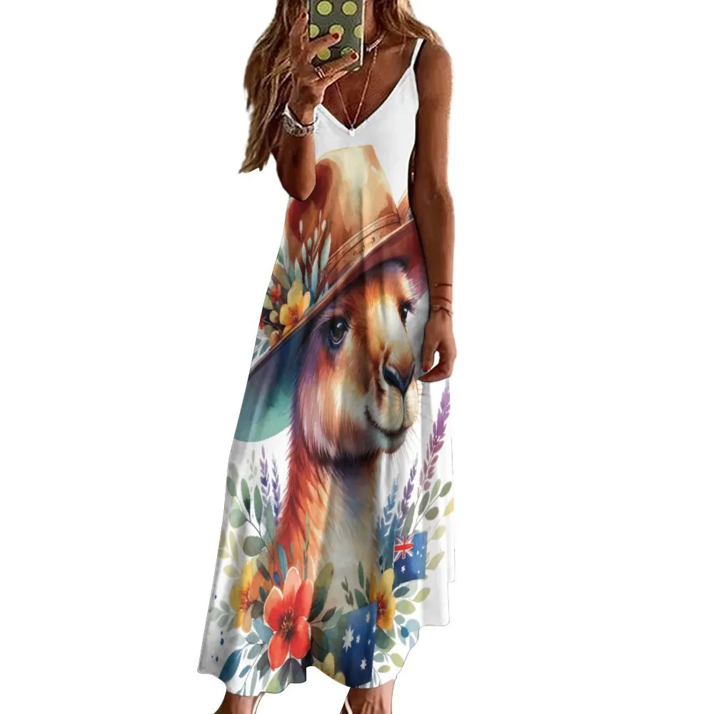 Australian Animals Kangaroo Spaghetti Strap Ankle-Length Dress Long dress