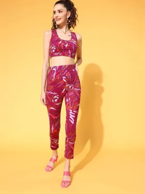 Berrylush Women Pink Abstract Printed Round Neck Polyester Cropped Top & Tights Set