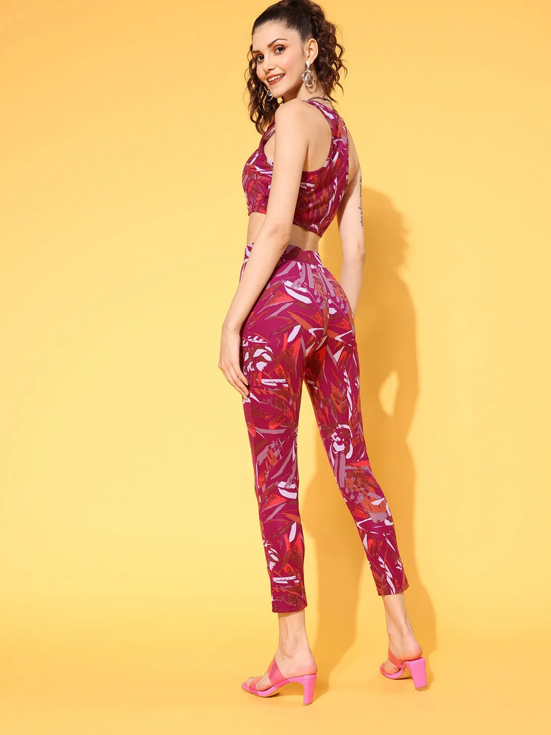 Berrylush Women Pink Abstract Printed Round Neck Polyester Cropped Top & Tights Set