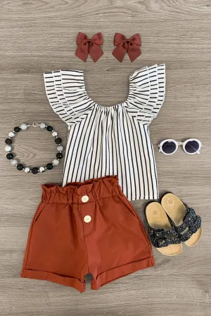 Black & White Stripe Ruffle Sleeve Short Set