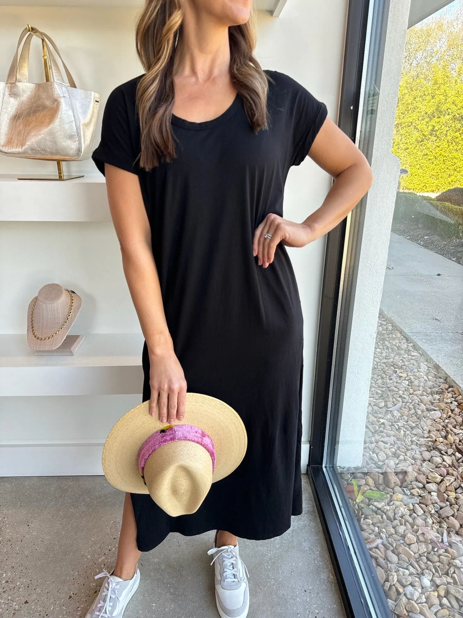 Black Roll S/S Midi Dress With Pockets