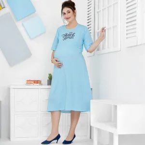 Blue Polka Dots Printed Nursing Maternity Midi Dress