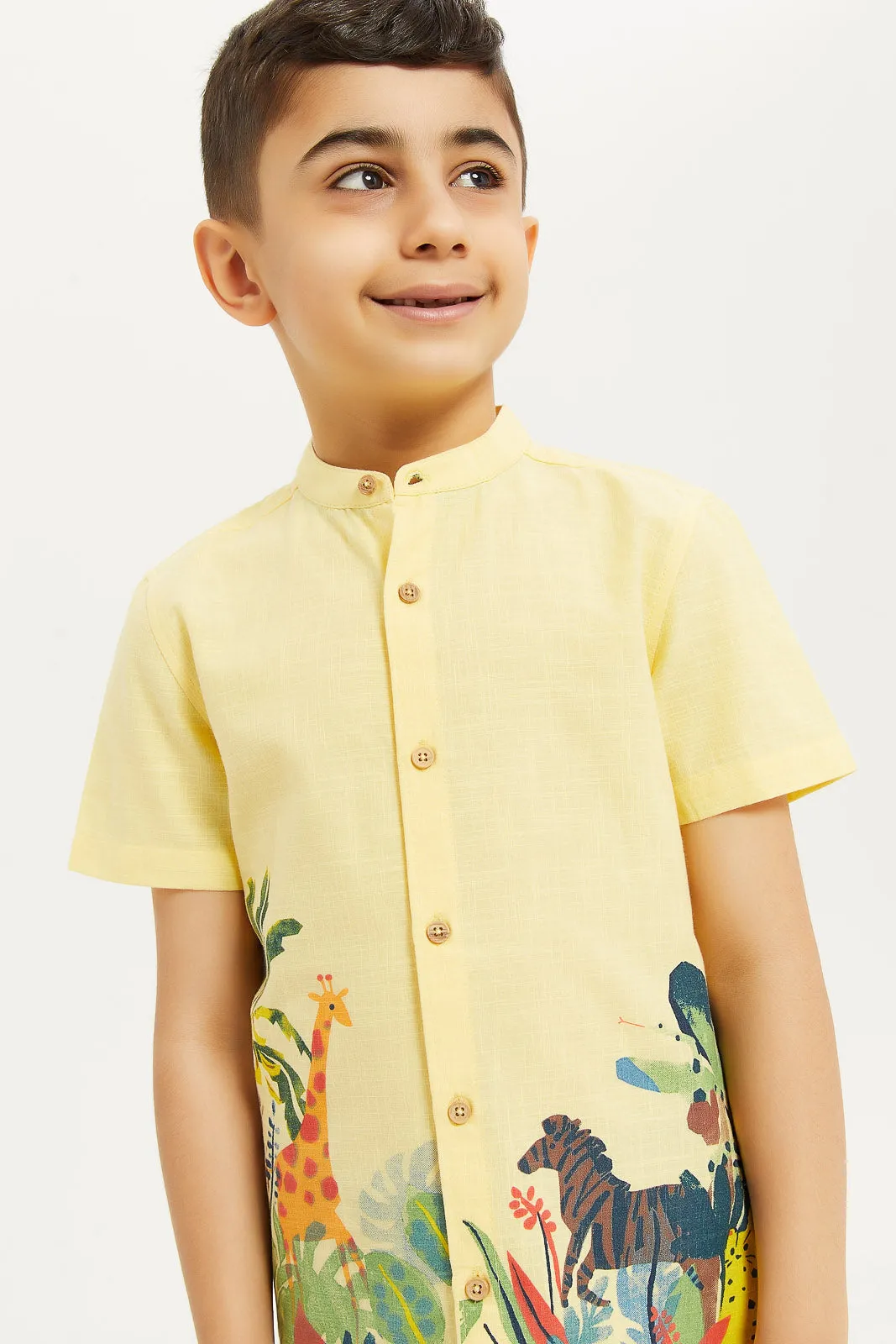 Boys Yellow Cotton Printed Shirt