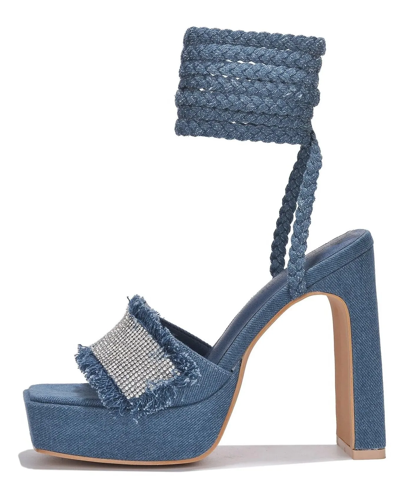 Cape Robbin Dannie Light Blue Denim Rhinestone Open Toe Block Heeled Sandals