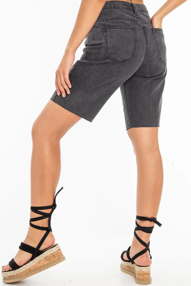 Charcoal Raw Hem Longline Denim Shorts - Melissa