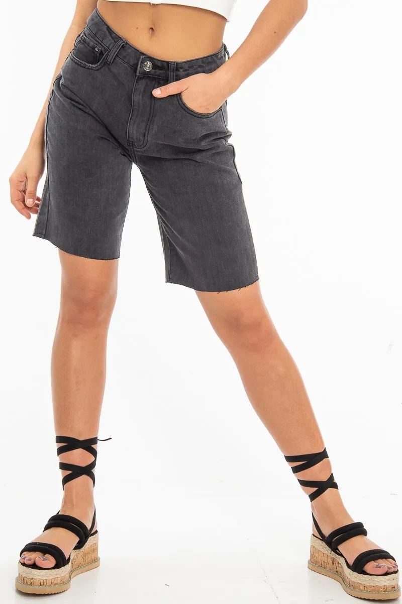 Charcoal Raw Hem Longline Denim Shorts - Melissa