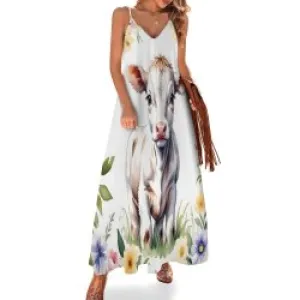 Cow Spaghetti Strap Ankle-Length Dress Long dress