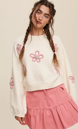 Cream Flower Knit Pullover Sweater