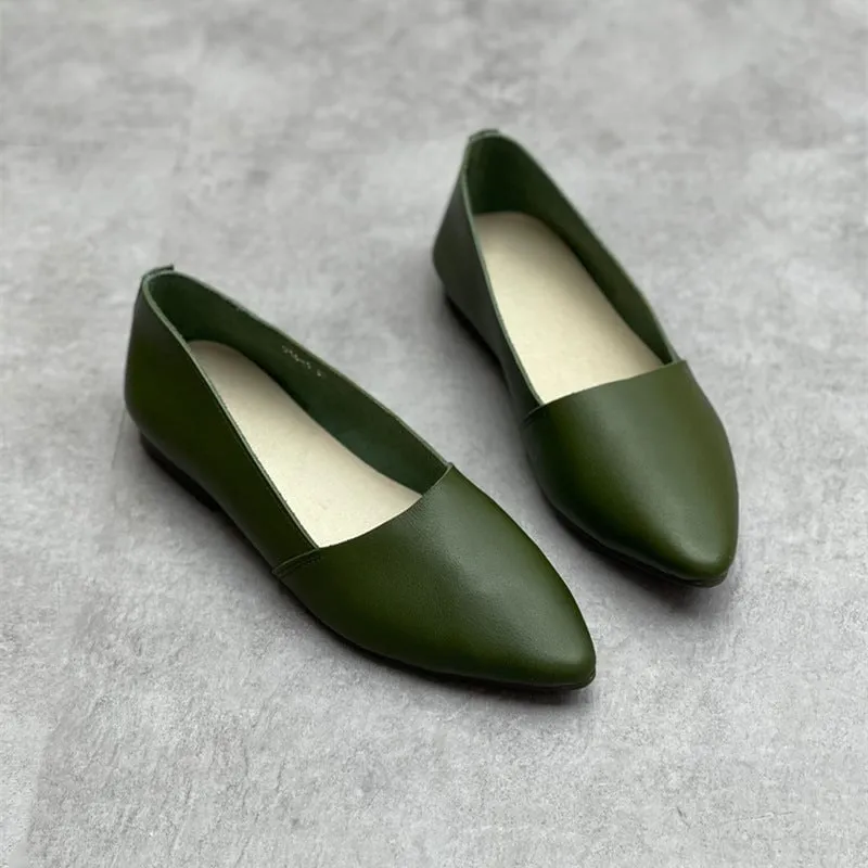 Designer Shoes Genuine Leather Slip-on For Women Handmade Pointed Toe Flats Green/Beige/Red/Black