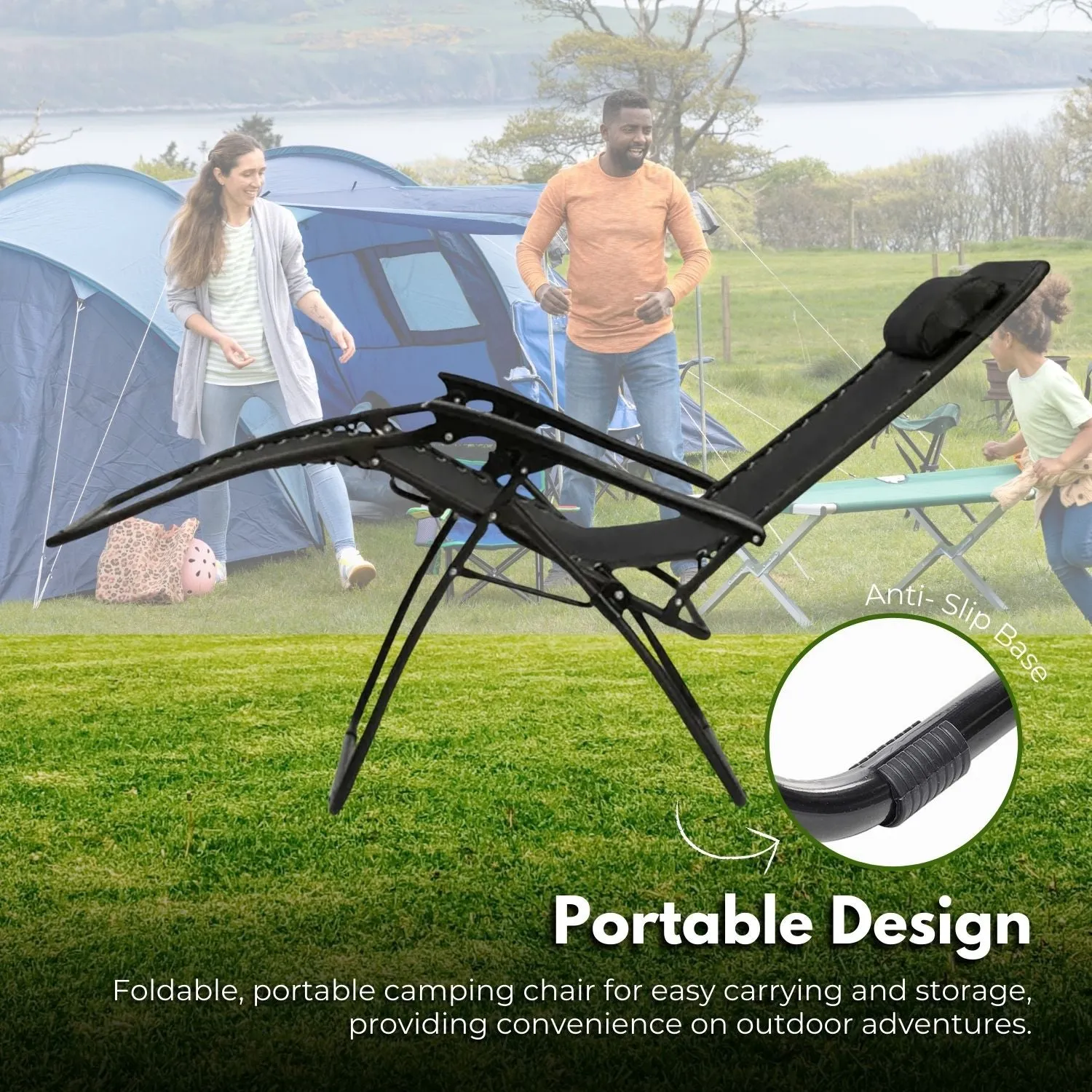 Durable Foldable Reclining Camping Chair with Mesh, Black