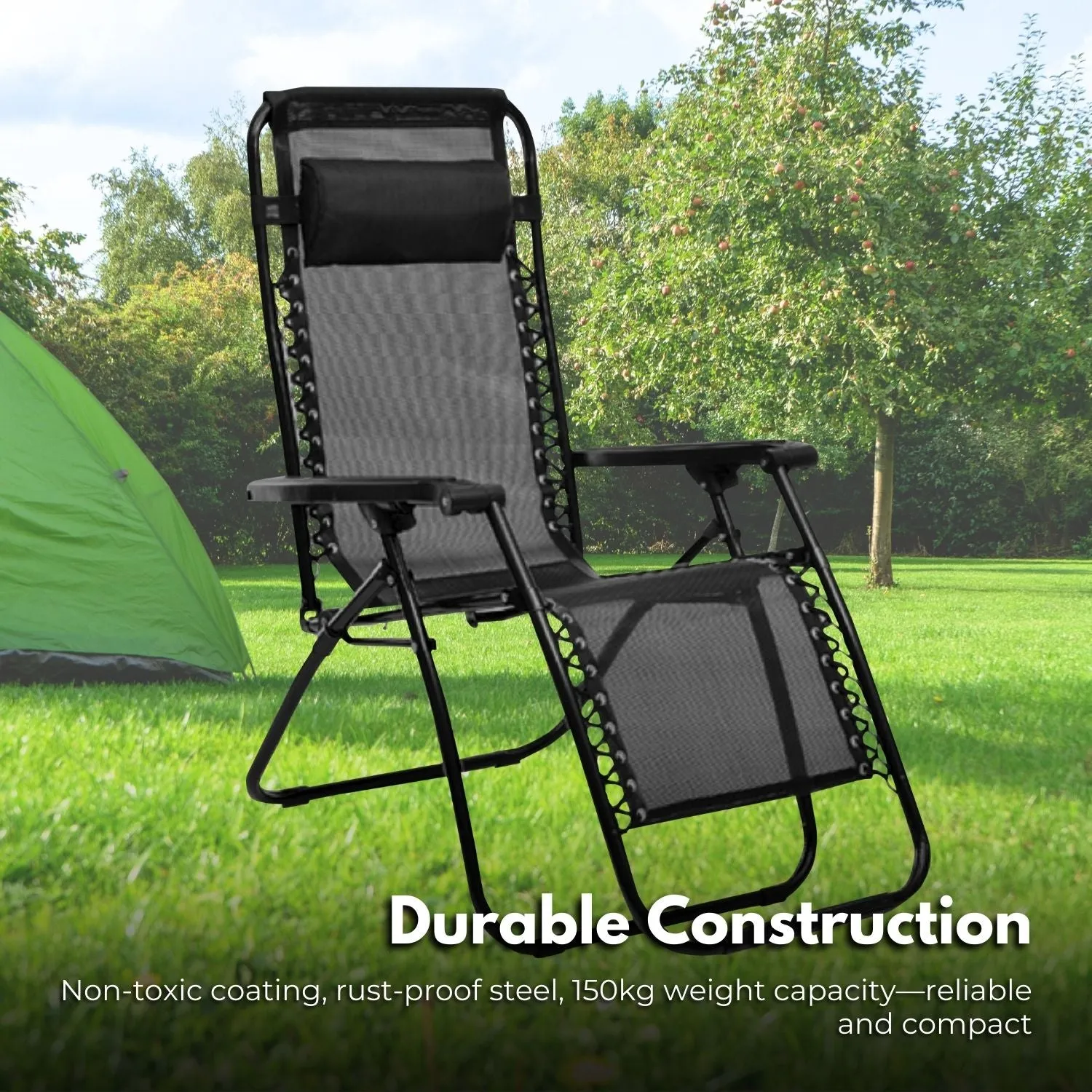 Durable Foldable Reclining Camping Chair with Mesh, Black