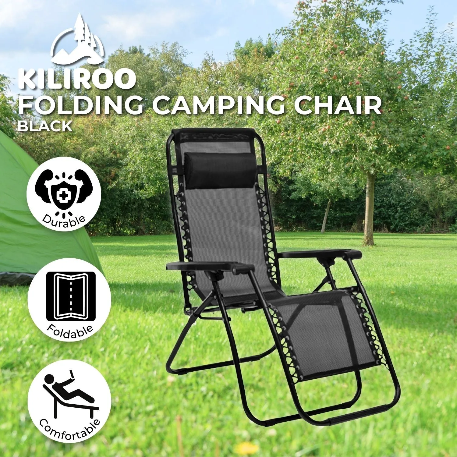 Durable Foldable Reclining Camping Chair with Mesh, Black