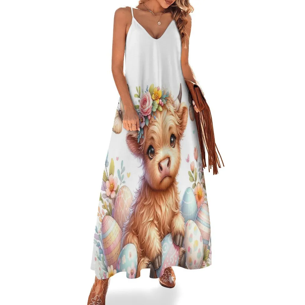 Easter Highland Cow Spaghetti Strap Ankle-Length Dress Long dress