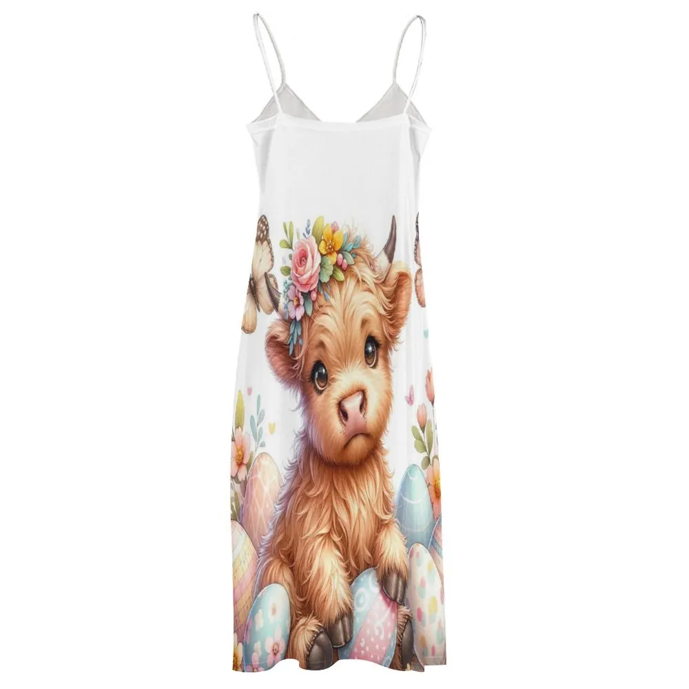 Easter Highland Cow Spaghetti Strap Ankle-Length Dress Long dress