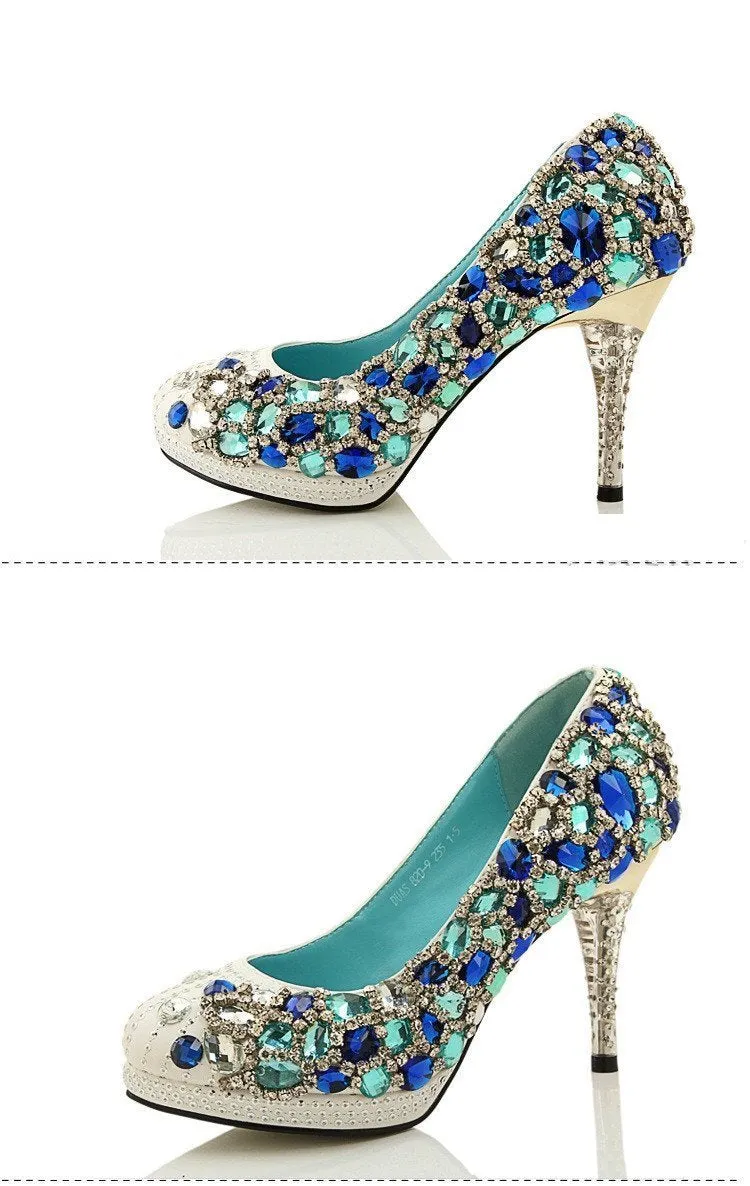 Four Colors Handmade Rhinestone High Heels Pointed Toe Crystal Wedding Shoes, SY0109