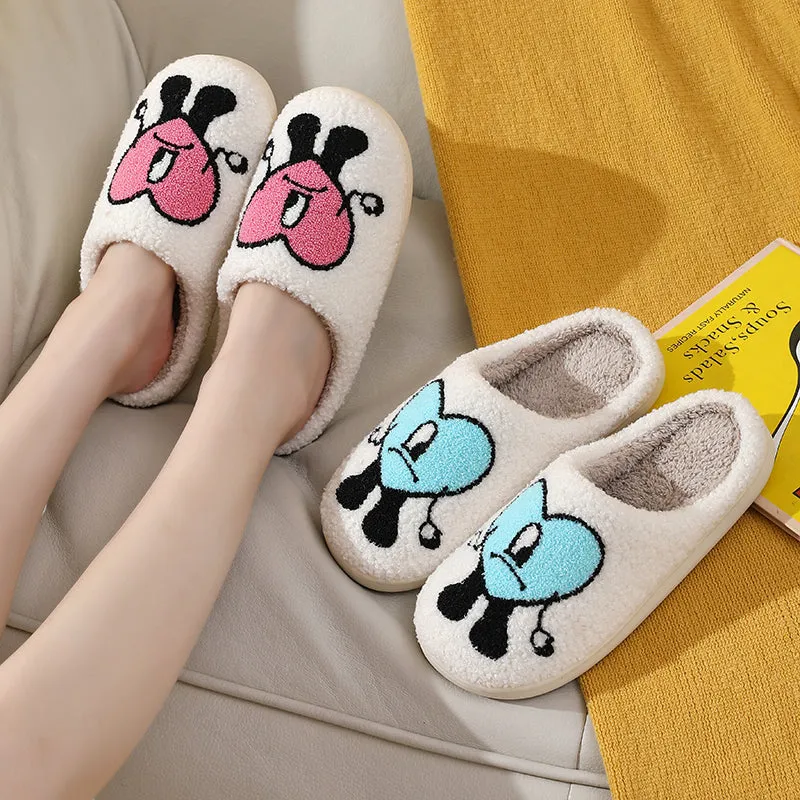 Fun Cute Cartoon Illustrated Comfort Cozy Plush Fluffy Fur Slip On Cushion Slippers