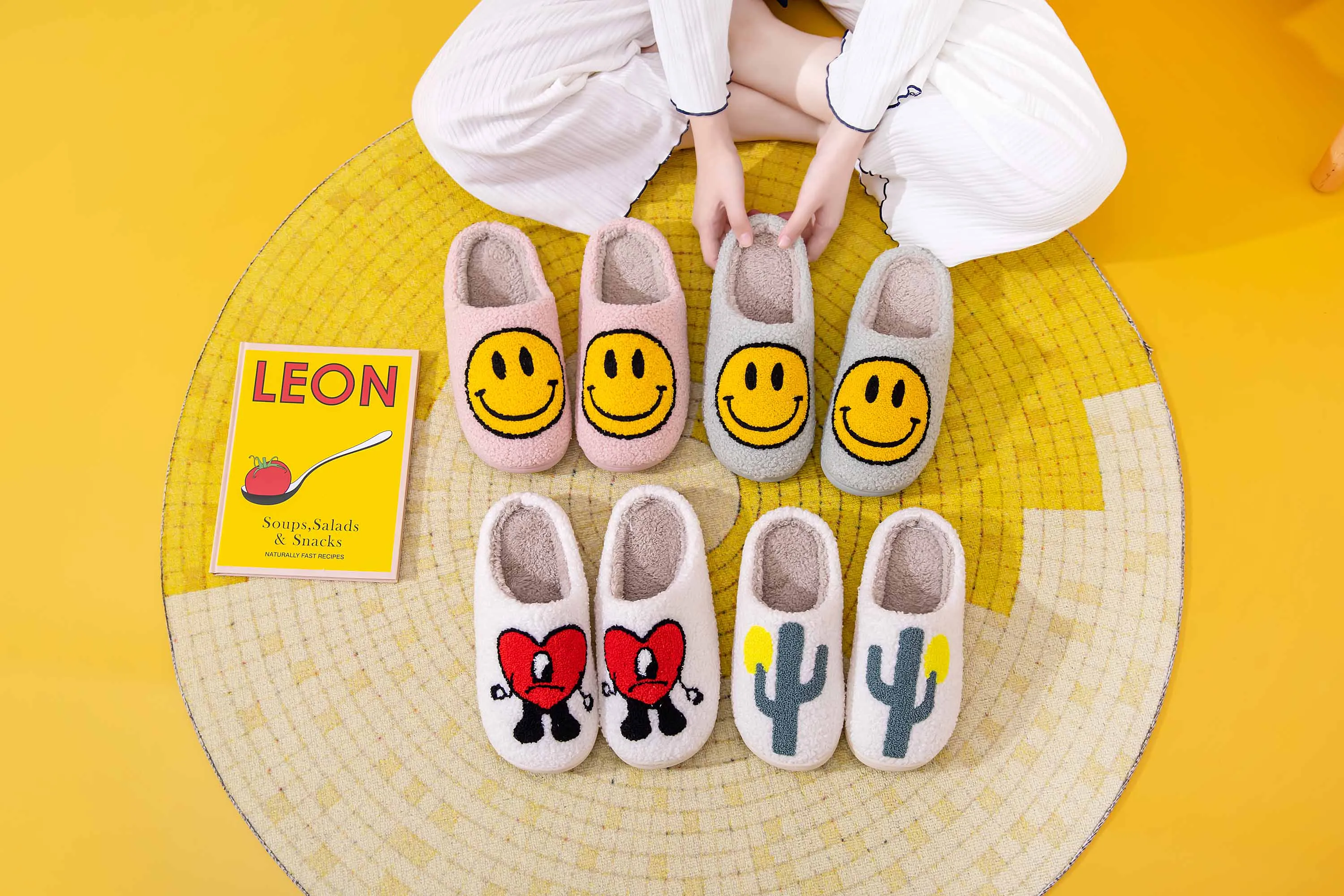 Fun Cute Cartoon Illustrated Comfort Cozy Plush Fluffy Fur Slip On Cushion Slippers