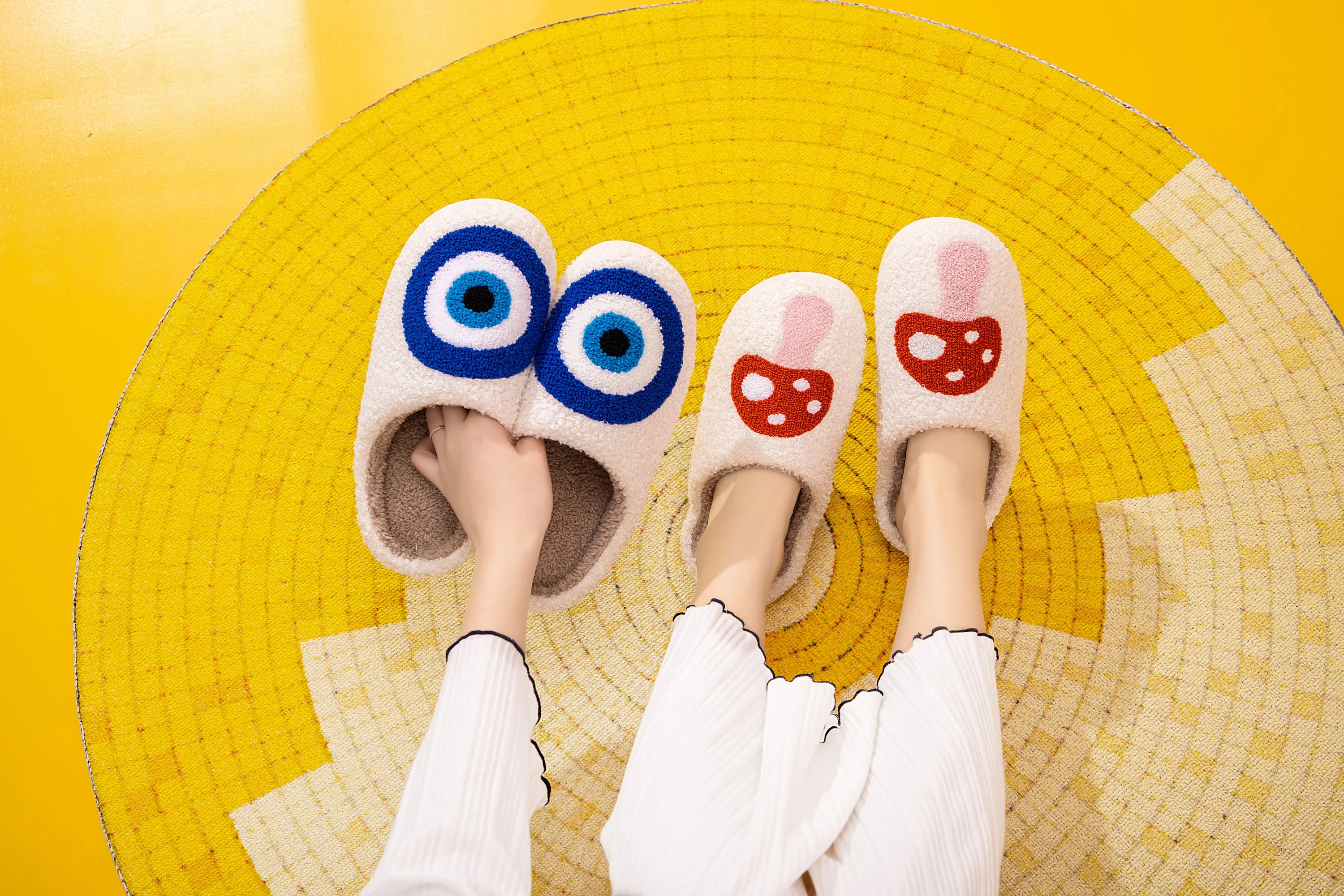 Fun Cute Cartoon Illustrated Comfort Cozy Plush Fluffy Fur Slip On Cushion Slippers