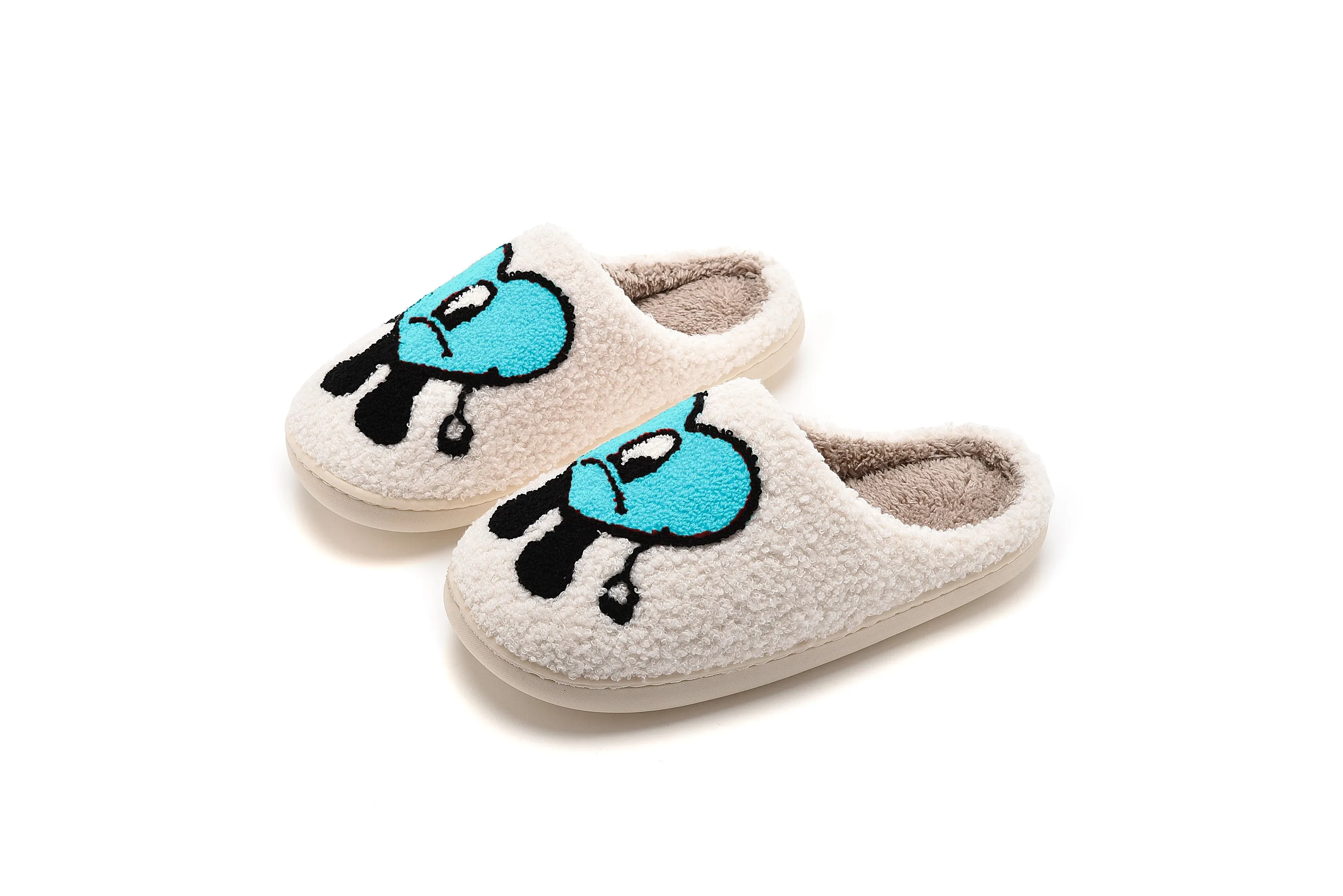 Fun Cute Cartoon Illustrated Comfort Cozy Plush Fluffy Fur Slip On Cushion Slippers