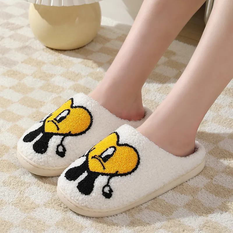 Fun Cute Cartoon Illustrated Comfort Cozy Plush Fluffy Fur Slip On Cushion Slippers