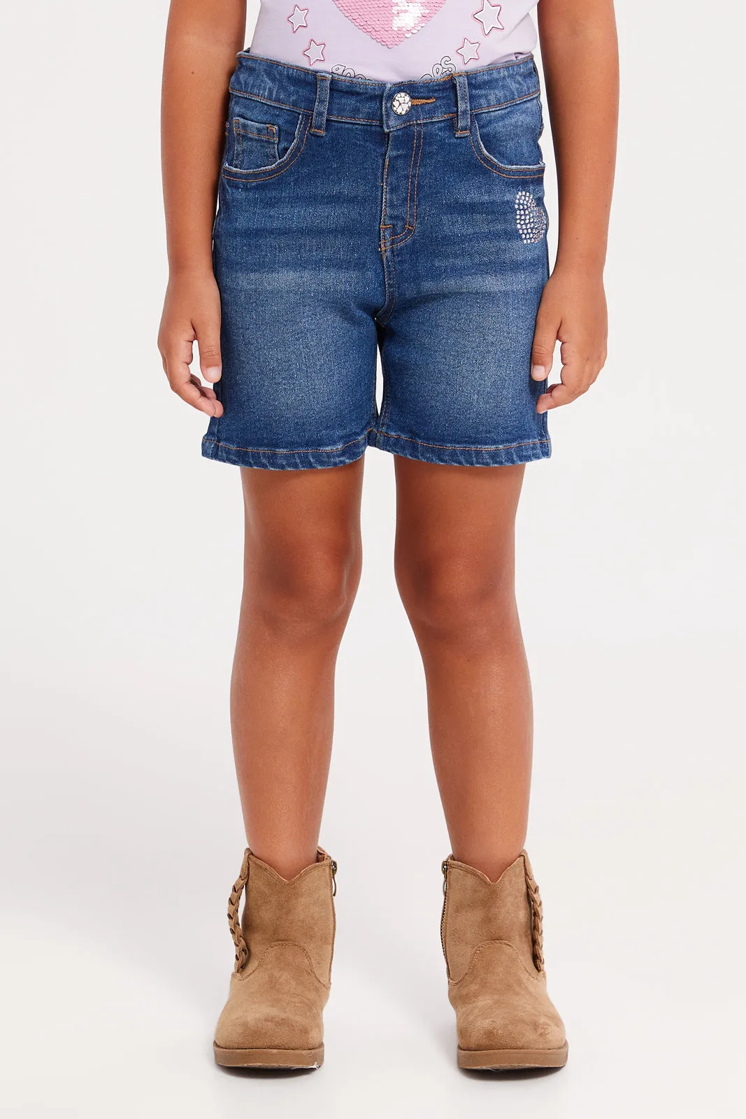 Girls Blue Embellished Denim Shorts