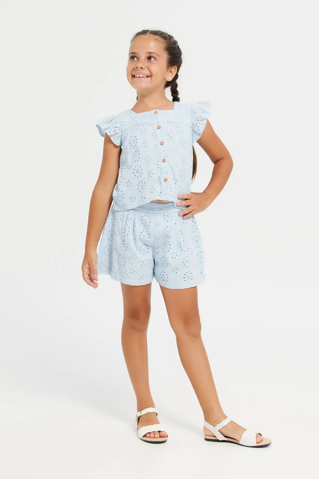 Girls Blue Schiffly Embossed Shorts