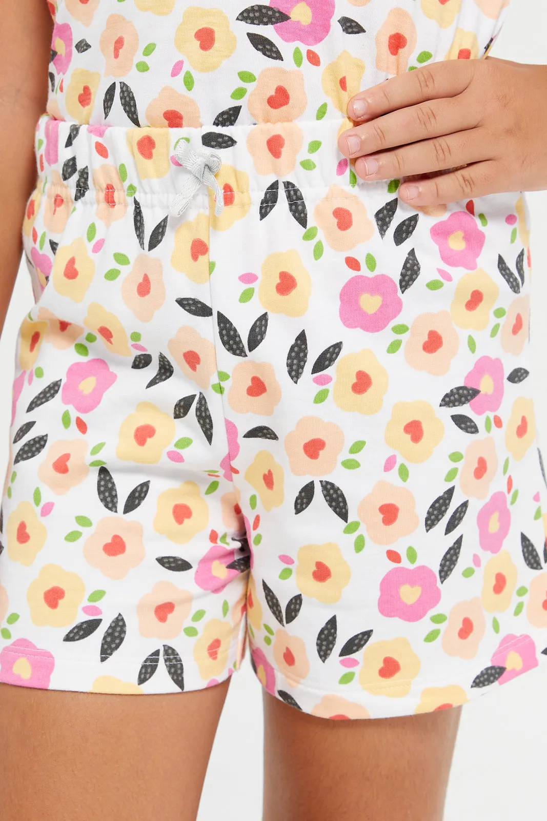 Girls White Floral Print Shorts