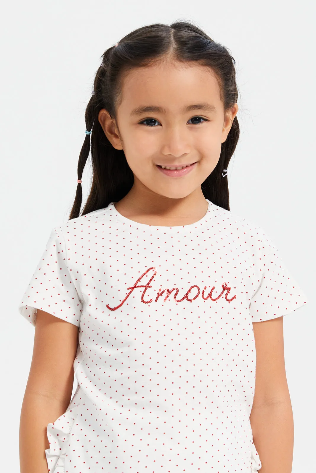 Girls White Polka Dot With Sequins Work T-Shirt