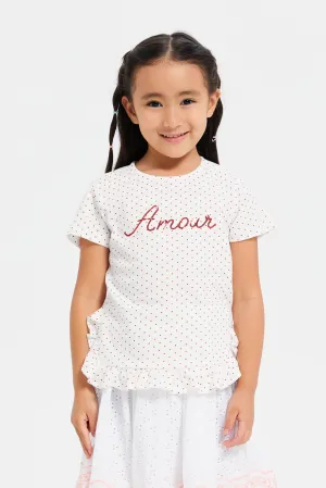 Girls White Polka Dot With Sequins Work T-Shirt